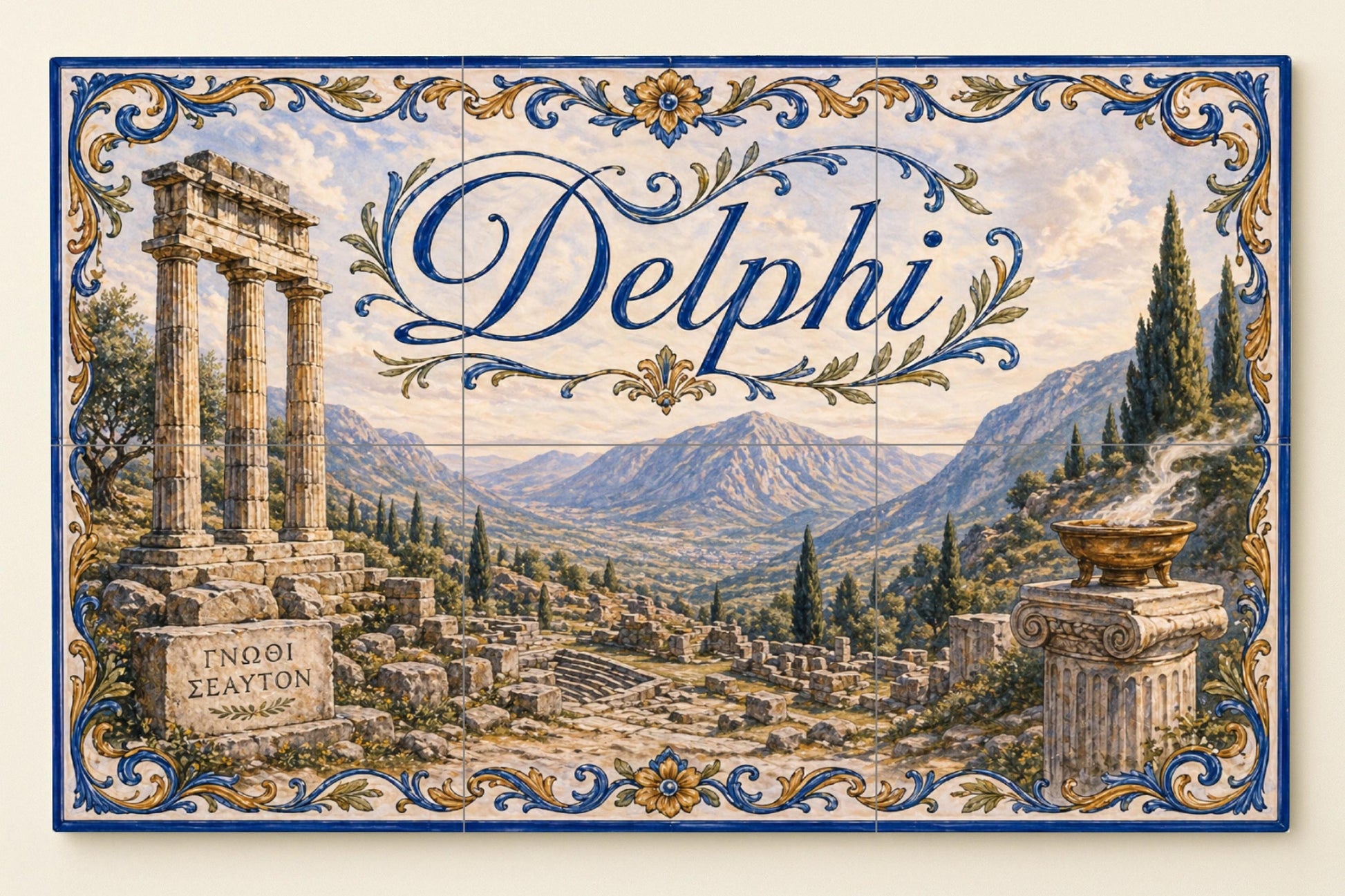 Mural de azulejos de cerámica de Delfos, Grecia, arte mural de ruinas…
