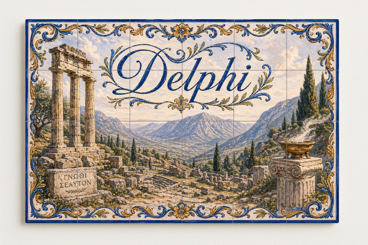 Mural de azulejos de cerámica de Delfos, Grecia, arte mural de ruinas…