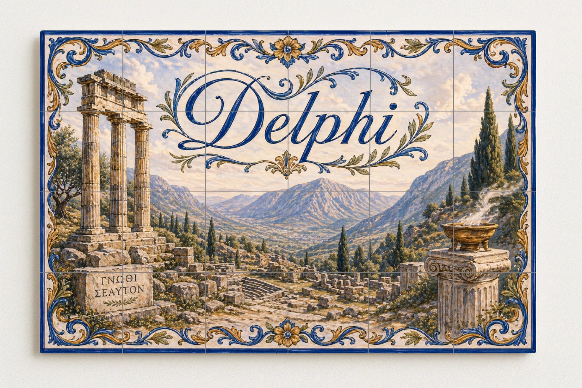 Mural de azulejos de cerámica de Delfos, Grecia, arte mural de ruinas…