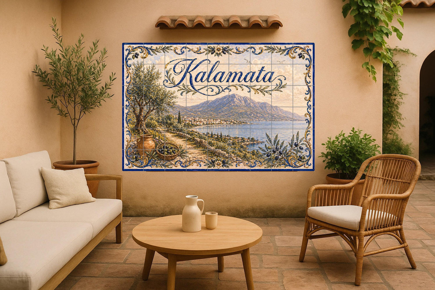 Kalamata, Grecia, arte mural de olivar medit · Fresque Céramique — Paysage Urbain en Carreaux