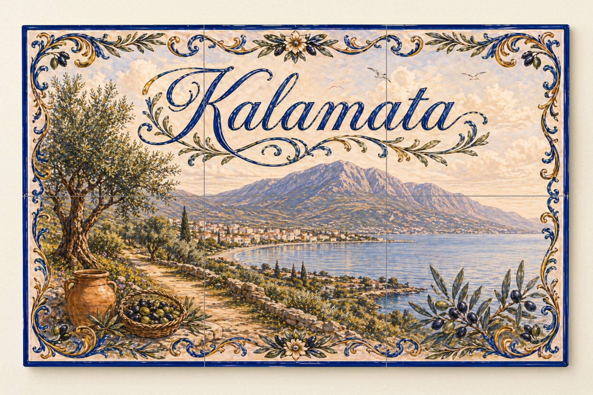 Kalamata, Grecia, arte mural de olivar medit · Fresque Céramique — Paysage Urbain en Carreaux