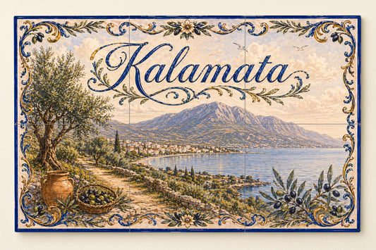 Mural de azulejos de cerámica de Kalamata, Grecia, arte mural de…
