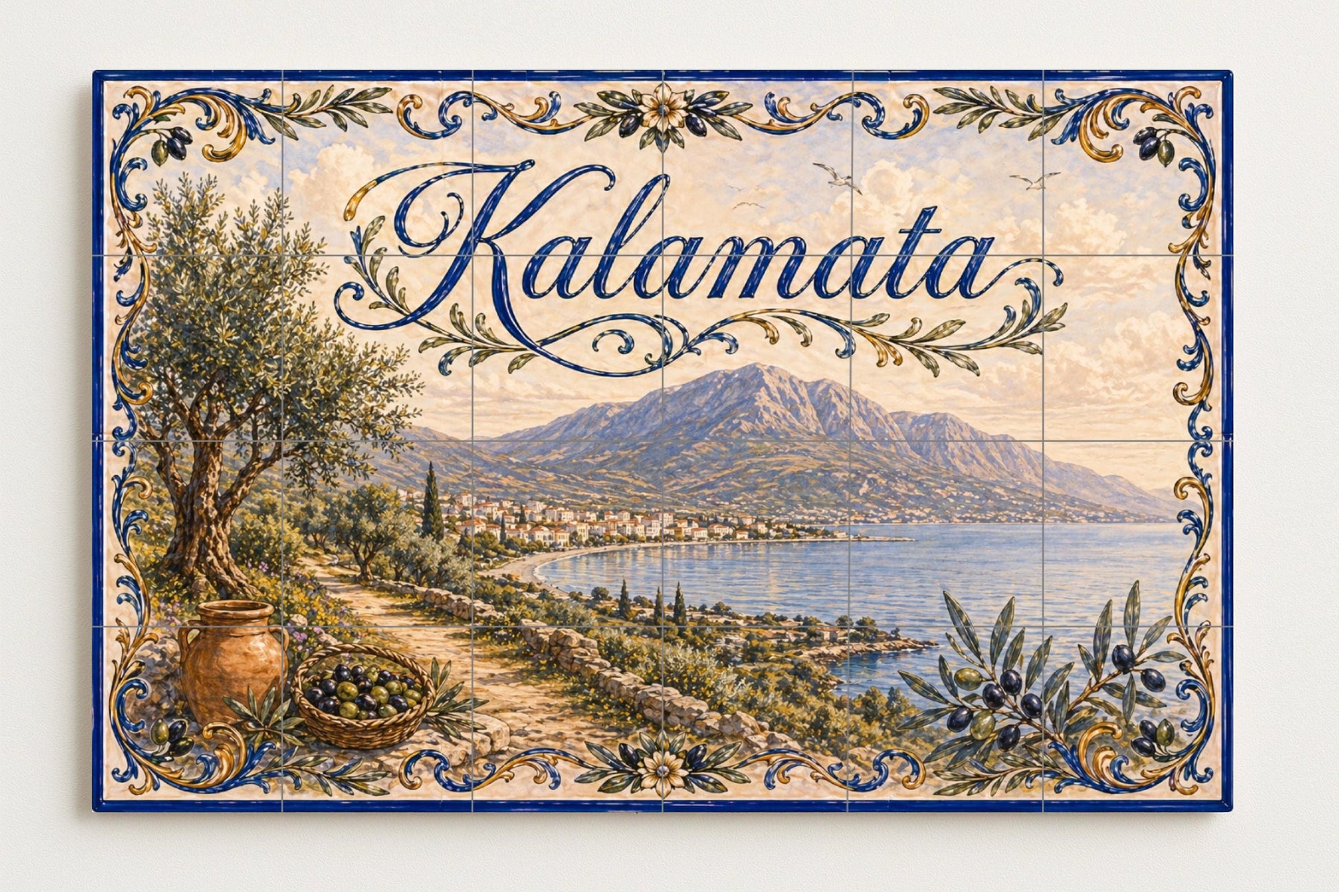 Kalamata, Grecia, arte mural de olivar medit · Fresque Céramique — Paysage Urbain en Carreaux