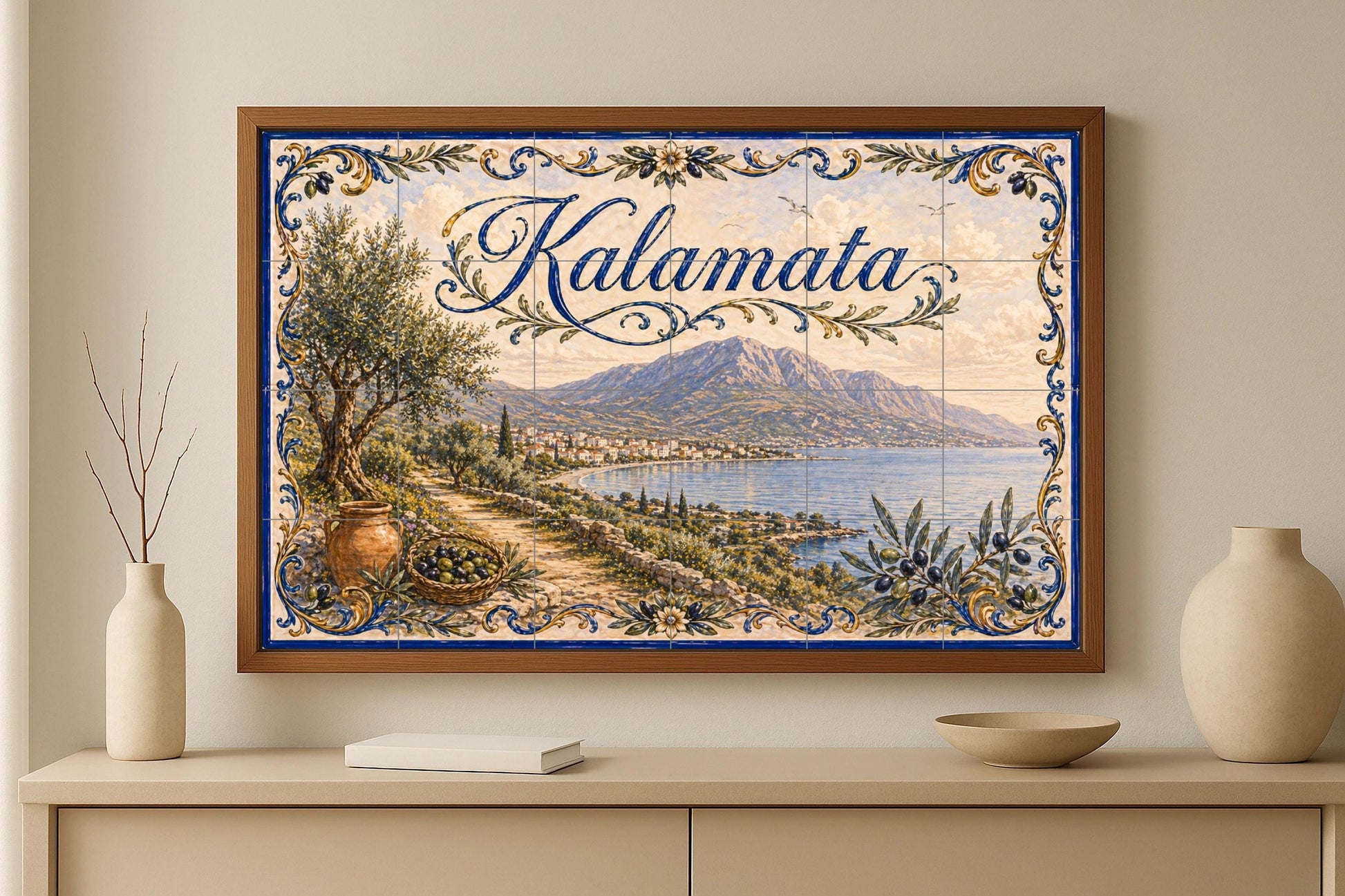 Kalamata, Grecia, arte mural de olivar medit · Fresque Céramique — Paysage Urbain en Carreaux