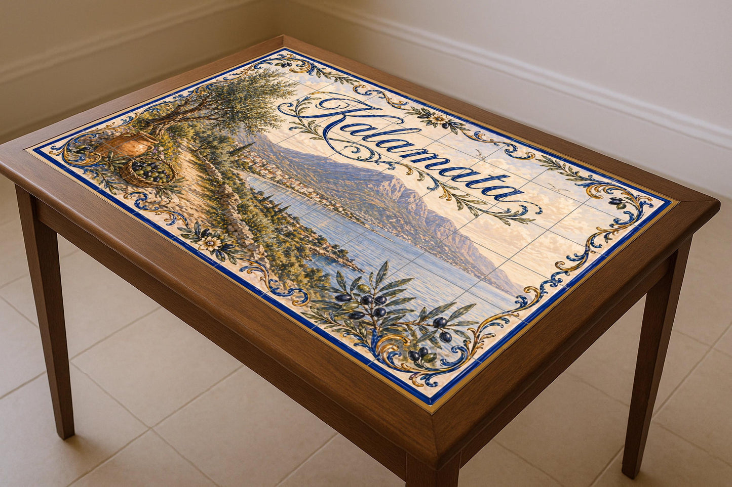 Kalamata, Grecia, arte mural de olivar medit · Fresque Céramique — Paysage Urbain en Carreaux