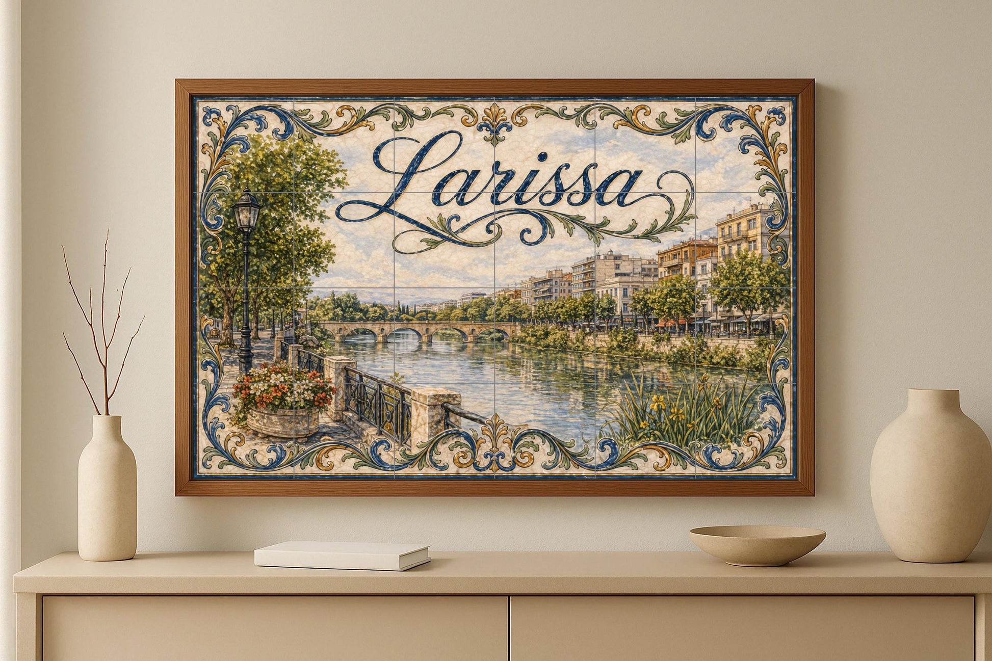 Larissa, Griechenland, Kunst Wandbild des Fluss Tesalia · Keramik-Wandbild — Städte & Monumente