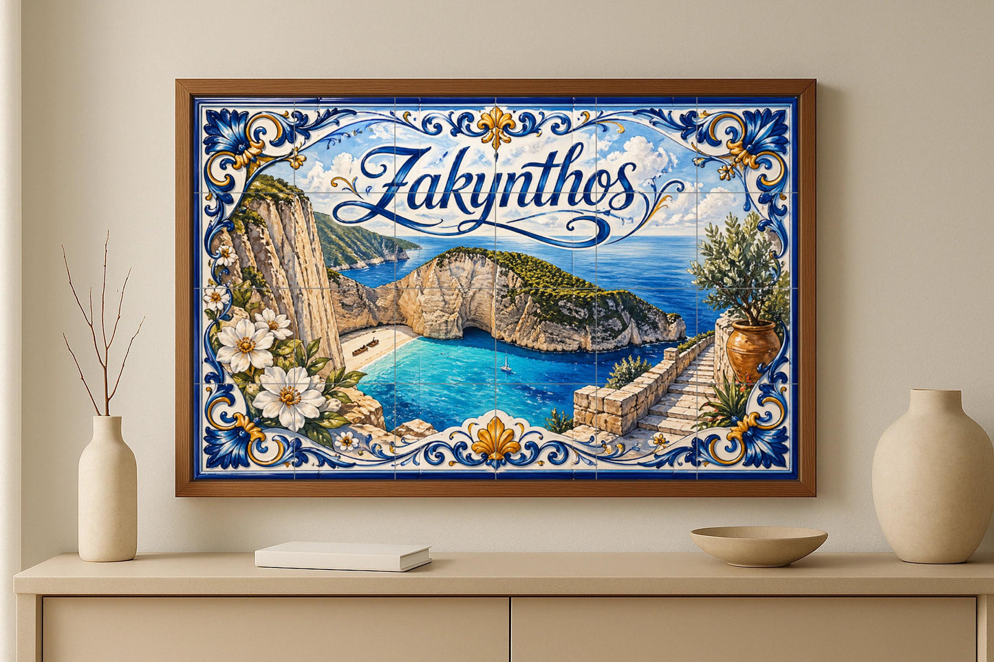 Zakynthos, Griechenland, Kunst Wandbild von die Strand — Fliesen-Wandbild aus Keramik · Städte & Monumente