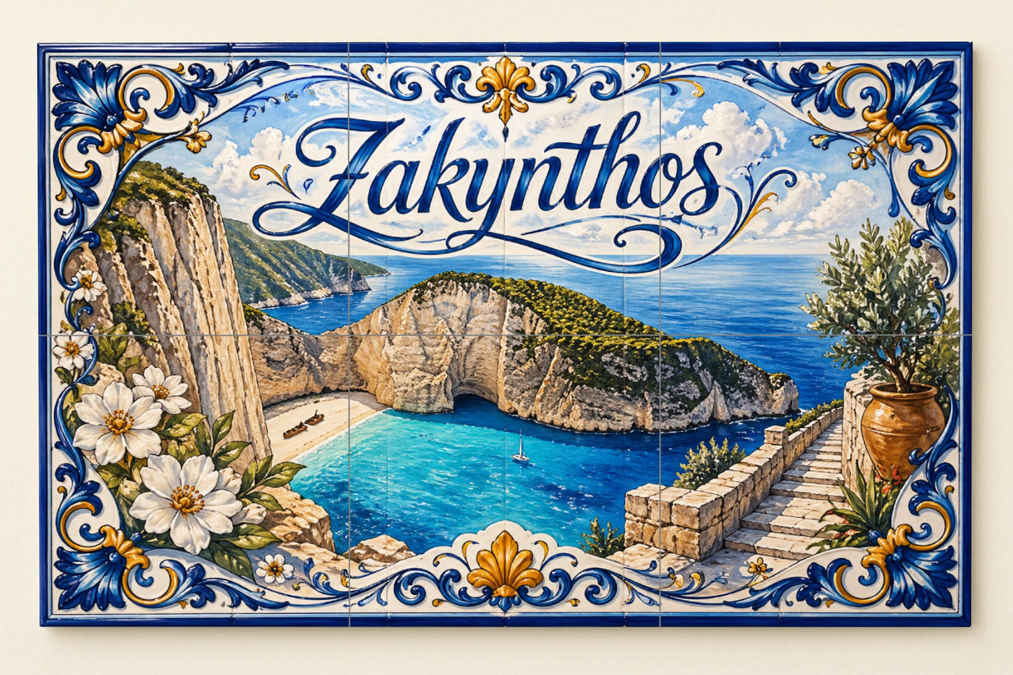 Zakynthos, Griechenland, Kunst Wandbild von die Strand — Fliesen-Wandbild aus Keramik · Städte & Monumente