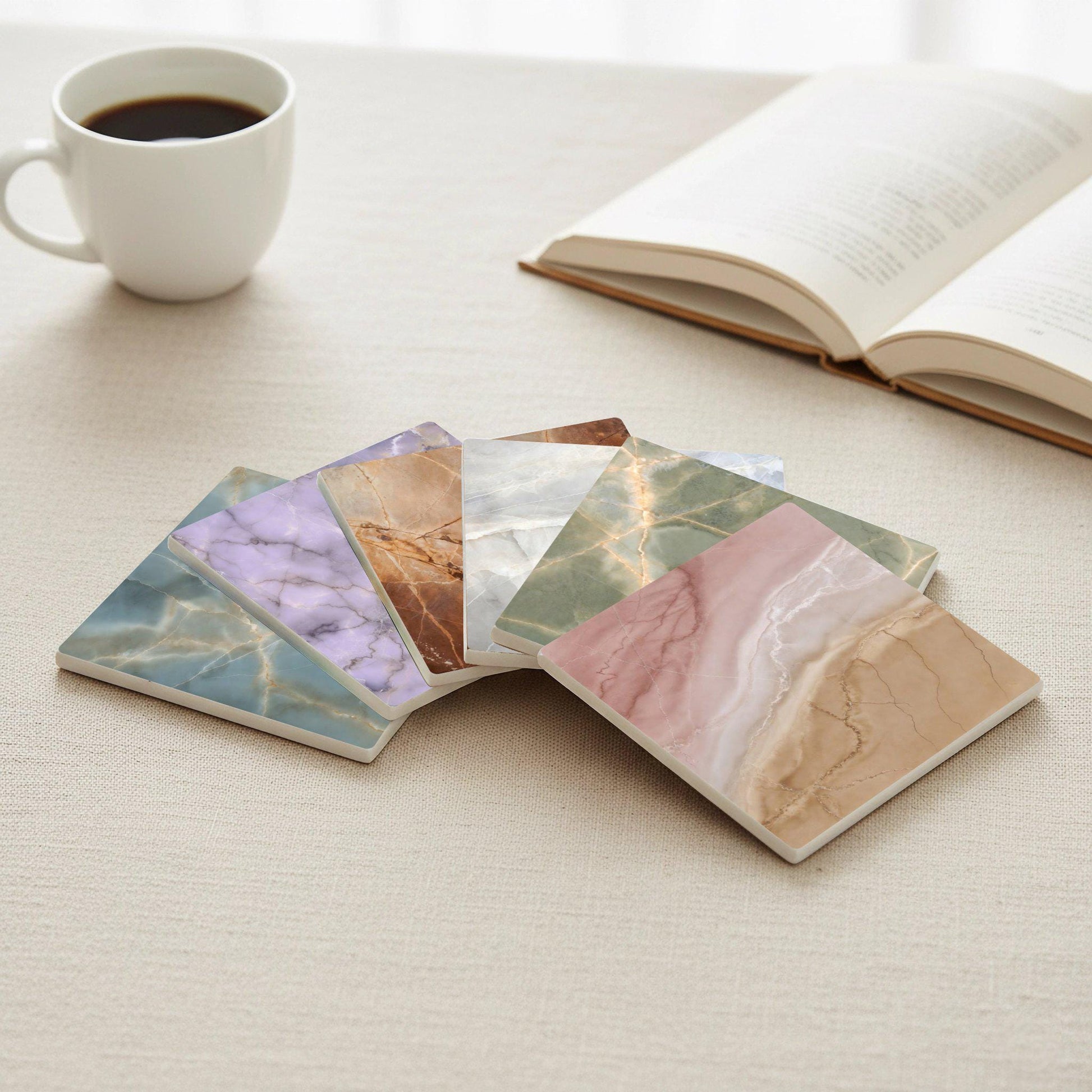 Posavasos Texturas de mármol en tonos pastel, ónix rosa, mármol verde y azulejos