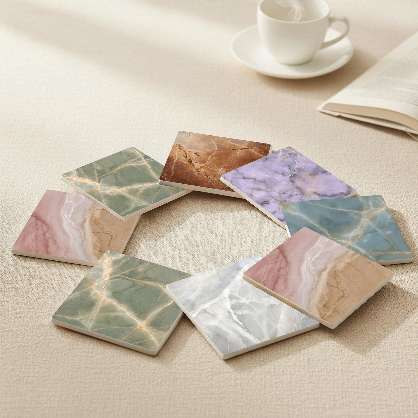 Posavasos Texturas de mármol en tonos pastel, ónix rosa, mármol verde y azulejos