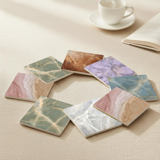 Posavasos Texturas de mármol en tonos pastel, ónix rosa, mármol verde y azulejos
