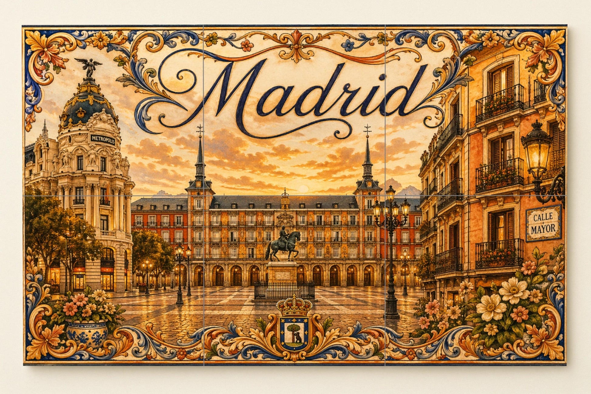 Mural de azulejos de cerámica de la Plaza Mayor de Madrid, decoración…