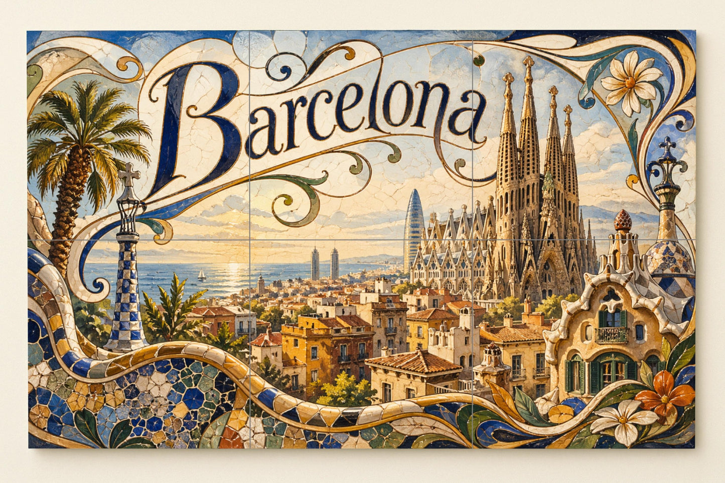 Mural de azulejos cerámicos de la Sagrada Familia de Barcelona…