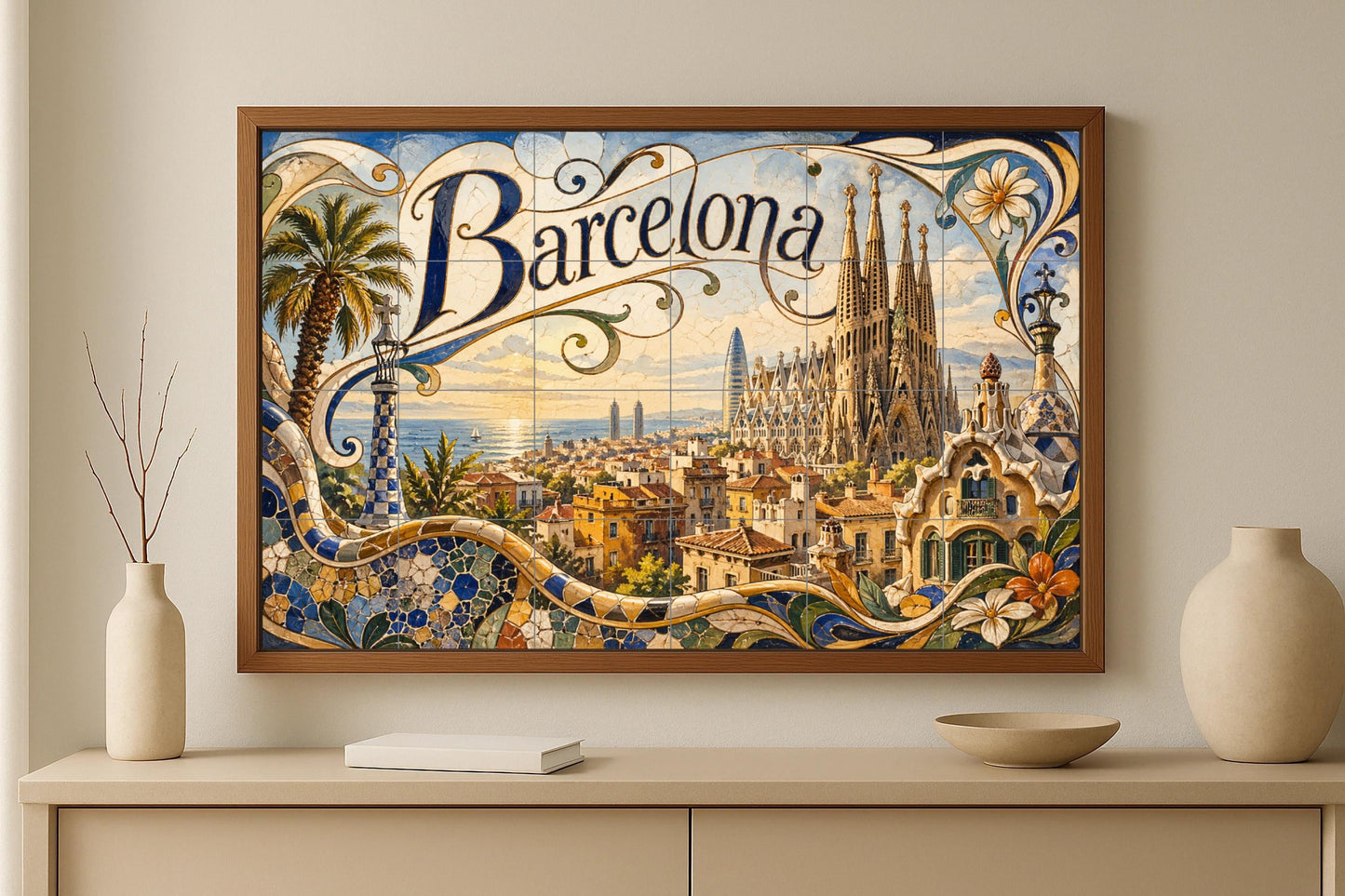 Mural de azulejos cerámicos de la Sagrada Familia de Barcelona…