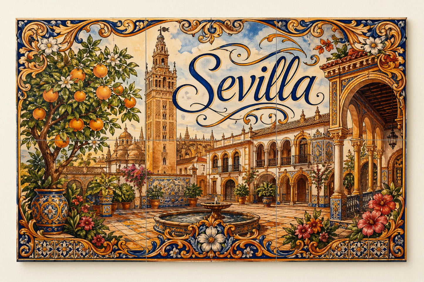 Mural de azulejos cerámicos de La Giralda de Sevilla, decoración de…