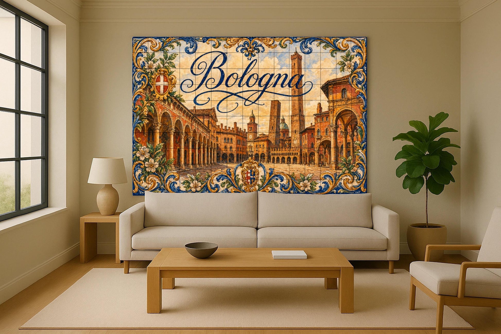 Torres medievales de Bolonia, decoración — Murale in Piastrelle di Ceramica · Paesaggio Urbano in Piastrelle