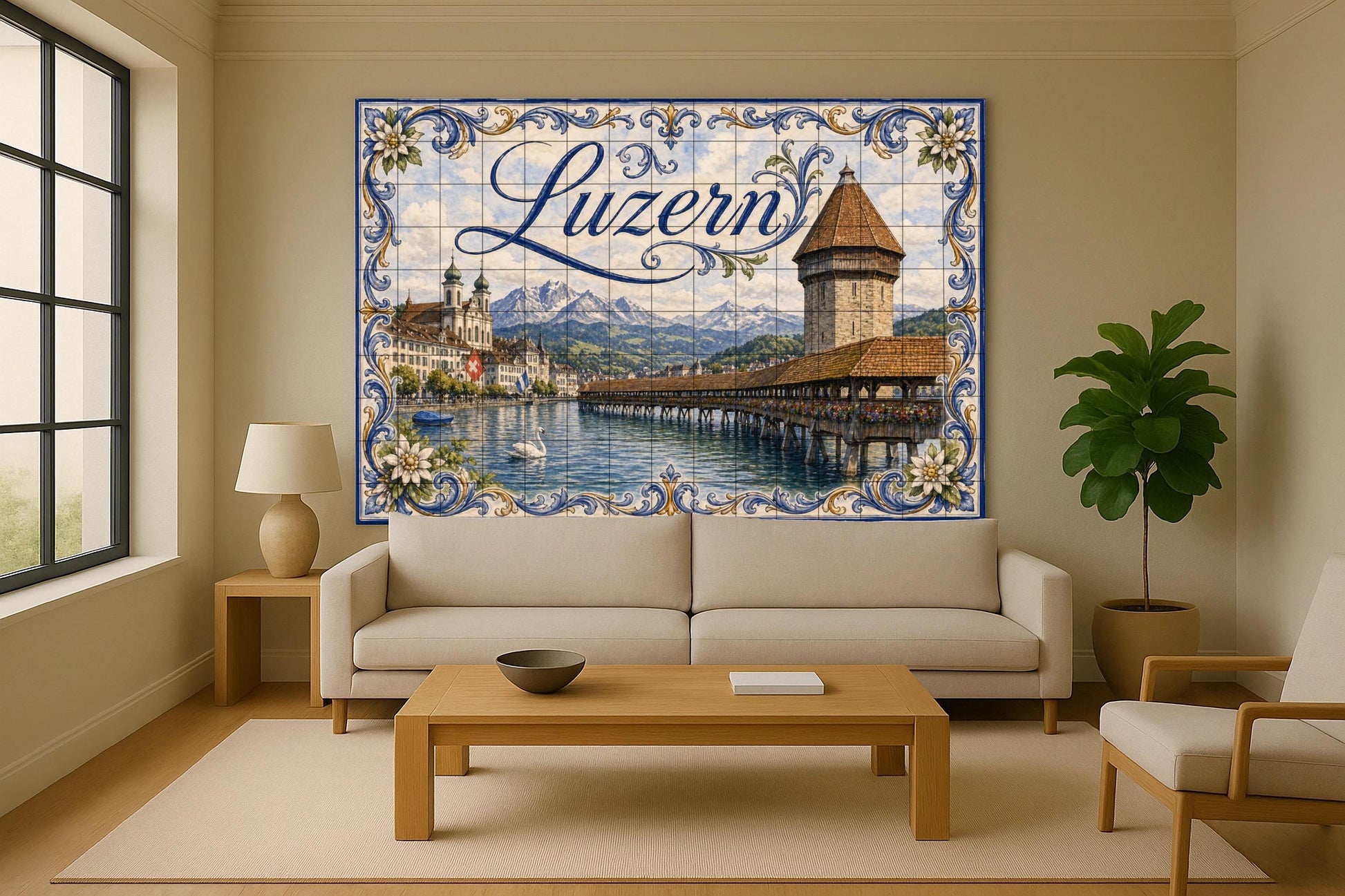 Mural de azulejos de cerámica de Lucerna, Suiza, arte ribereño de…