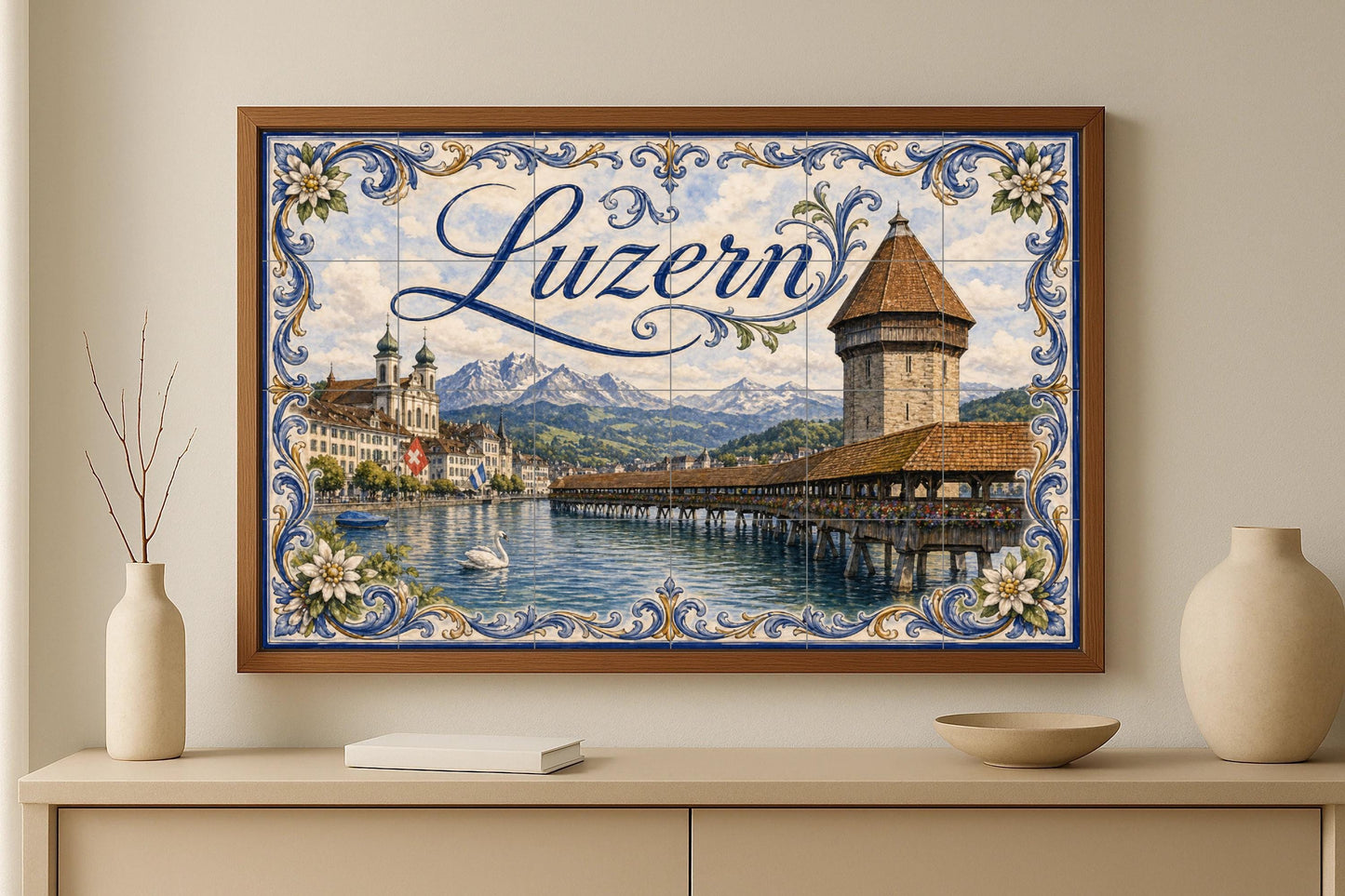 Mural de azulejos de cerámica de Lucerna, Suiza, arte ribereño de…