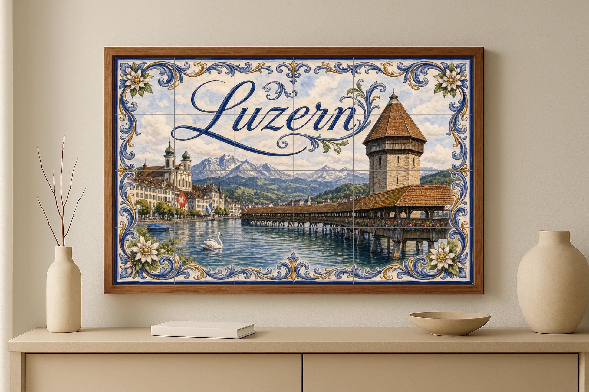 Mural de azulejos de cerámica de Lucerna, Suiza, arte ribereño de…