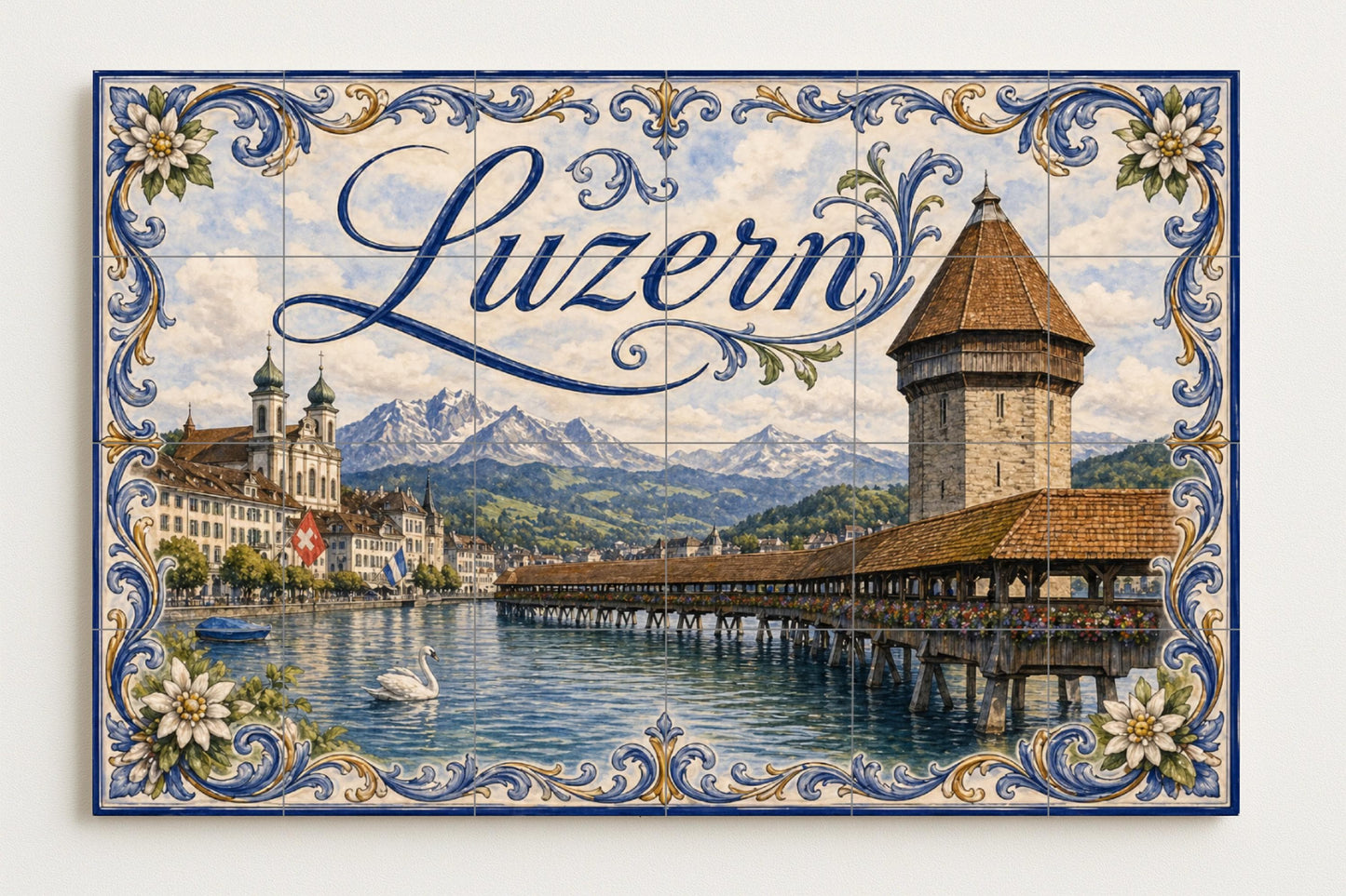 Mural de azulejos de cerámica de Lucerna, Suiza, arte ribereño de…