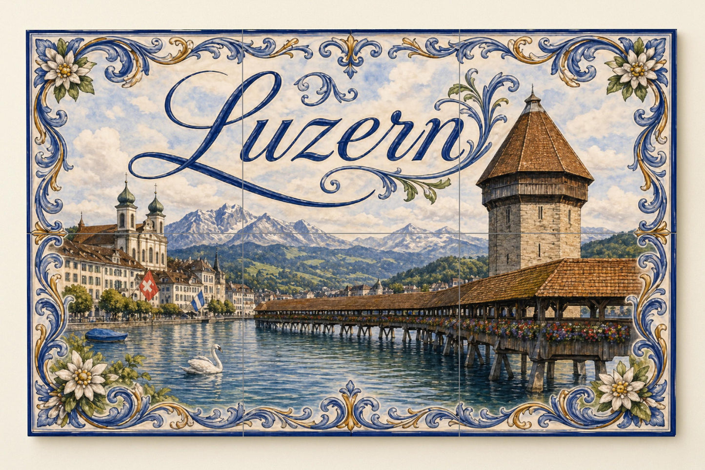 Mural de azulejos de cerámica de Lucerna, Suiza, arte ribereño de…