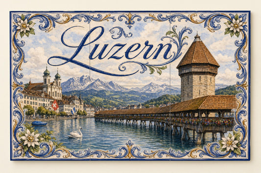 Lucerna, Suiza, arte ribereño de lago suizo — Cityscape in Tile · Tile Wall Art