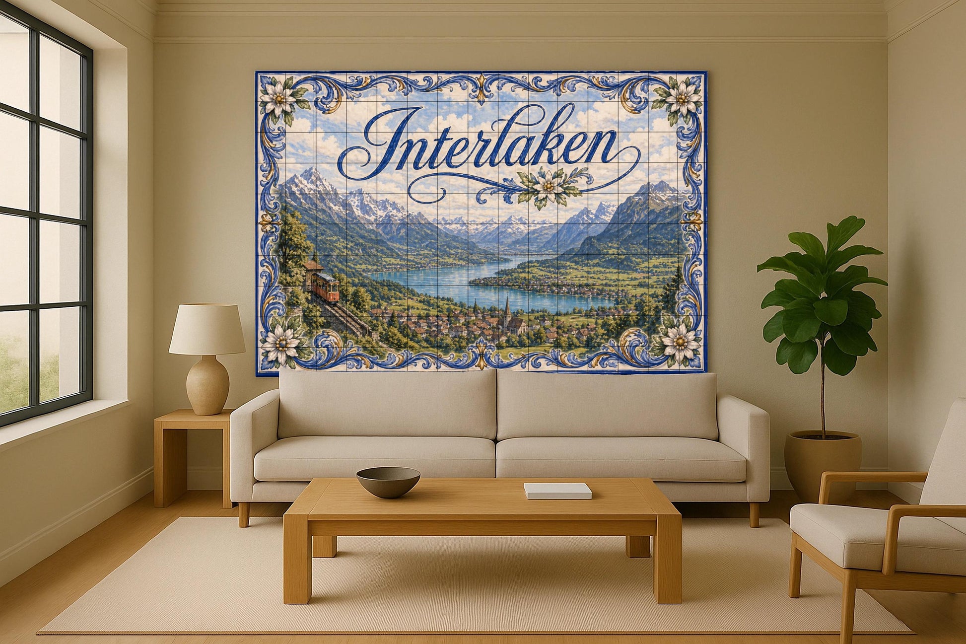 Mural de azulejos de cerámica de Interlaken, Suiza, arte mural del…