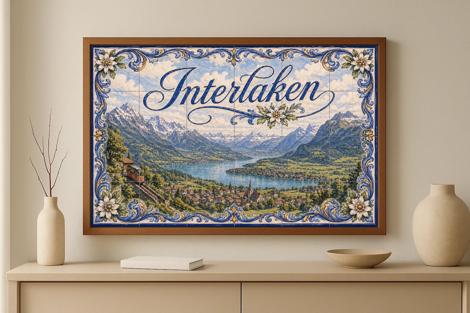Mural de azulejos de cerámica de Interlaken, Suiza, arte mural del…