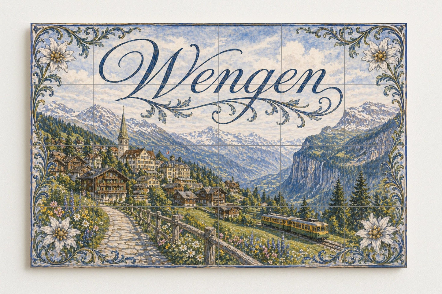 Mural de azulejos de cerámica de Wengen, Suiza, arte mural de pueblo…