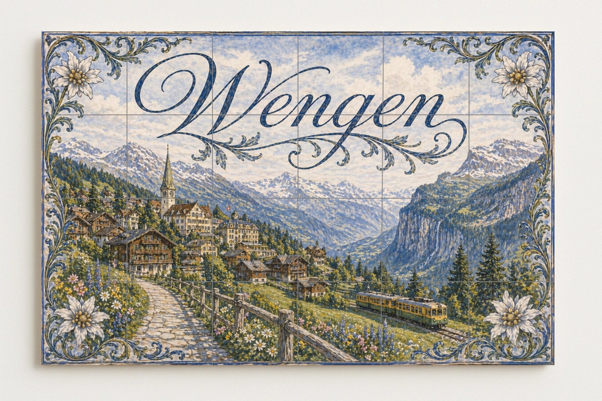 Mural de azulejos de cerámica de Wengen, Suiza, arte mural de pueblo…