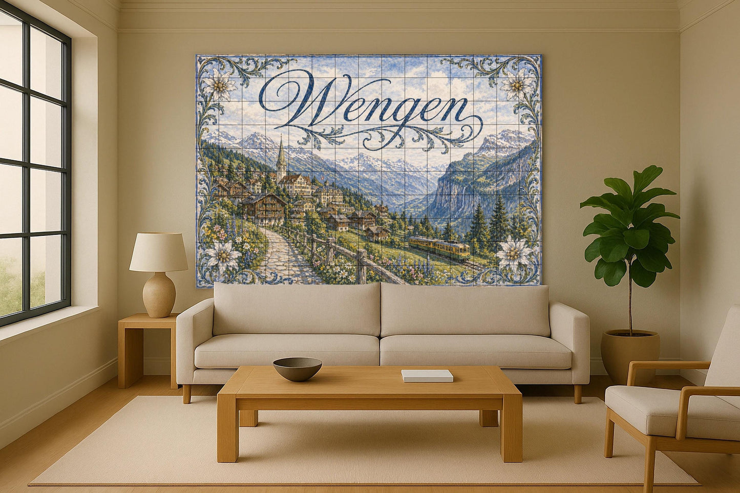 Mural de azulejos de cerámica de Wengen, Suiza, arte mural de pueblo…