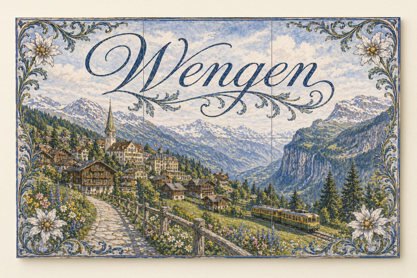 Mural de azulejos de cerámica de Wengen, Suiza, arte mural de pueblo…