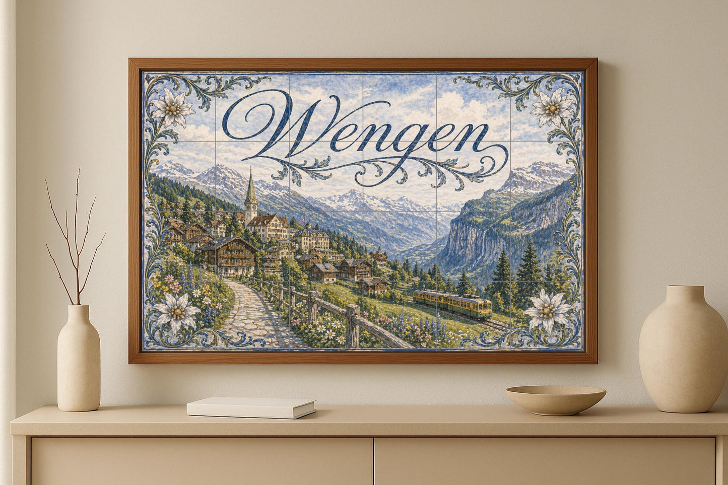 Mural de azulejos de cerámica de Wengen, Suiza, arte mural de pueblo…