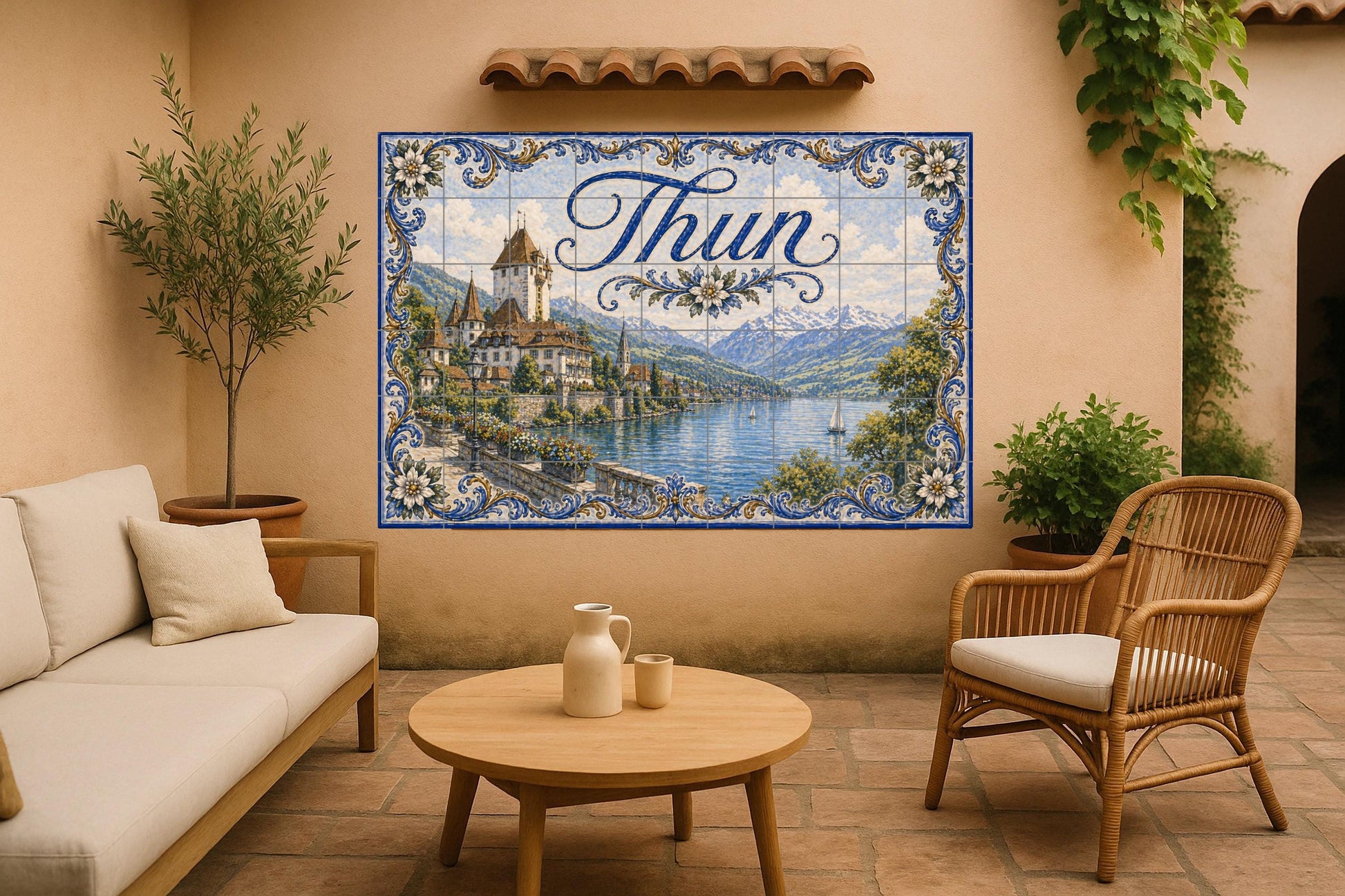 Thun, Suiza, decoración de pared para pueblo — Fresque Murale en Carreaux de Céramique · Fresque de Monument