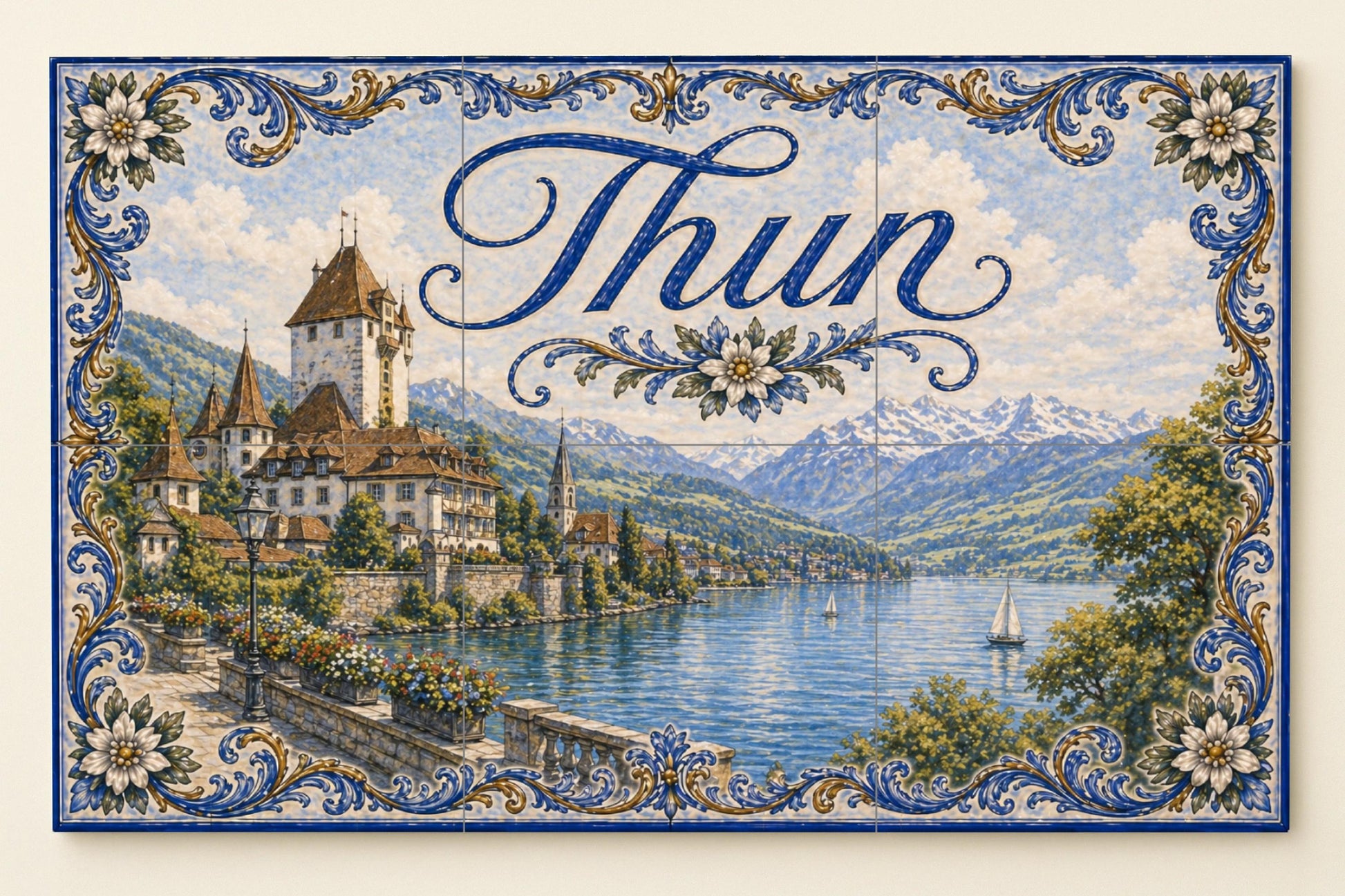 Thun, Suiza, decoración de pared para pueblo — Fresque Murale en Carreaux de Céramique · Fresque de Monument