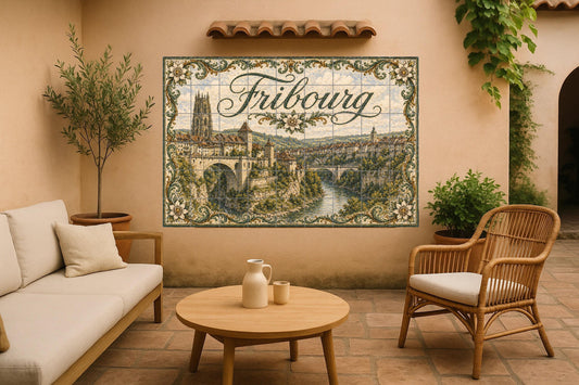 Ceramic Tile Mural: Friburgo, Switzerland, decoración Mural Medieval — Travel Wall Décor