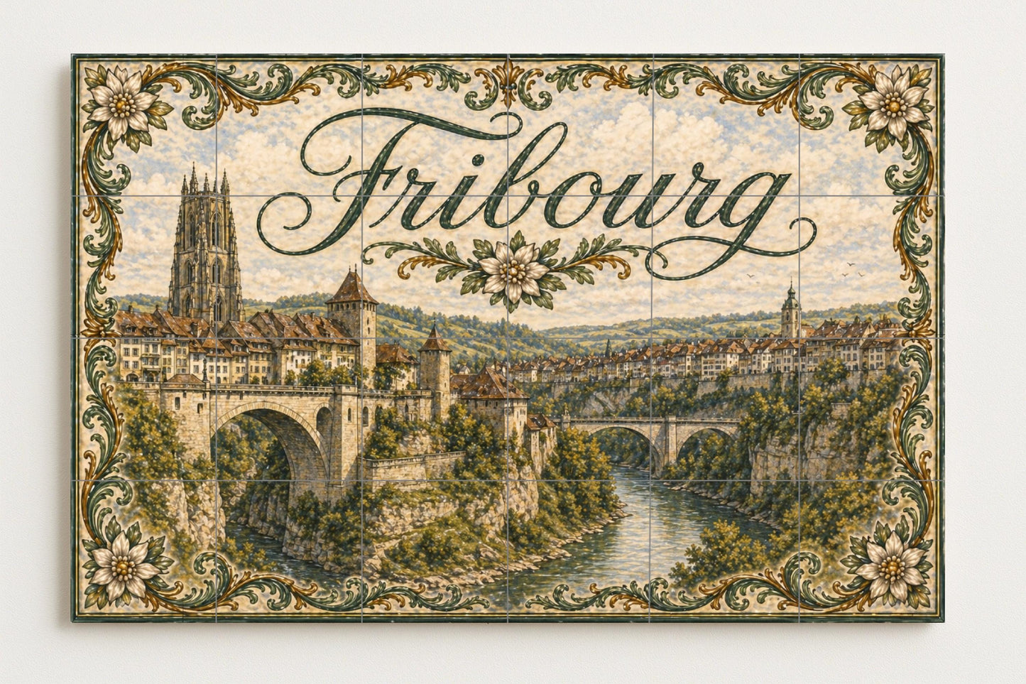 Friburgo, Suisse, decoración Mural Médiéval — Fresque Murale en Carreaux de Céramique · Paysage Urbain en Carreaux