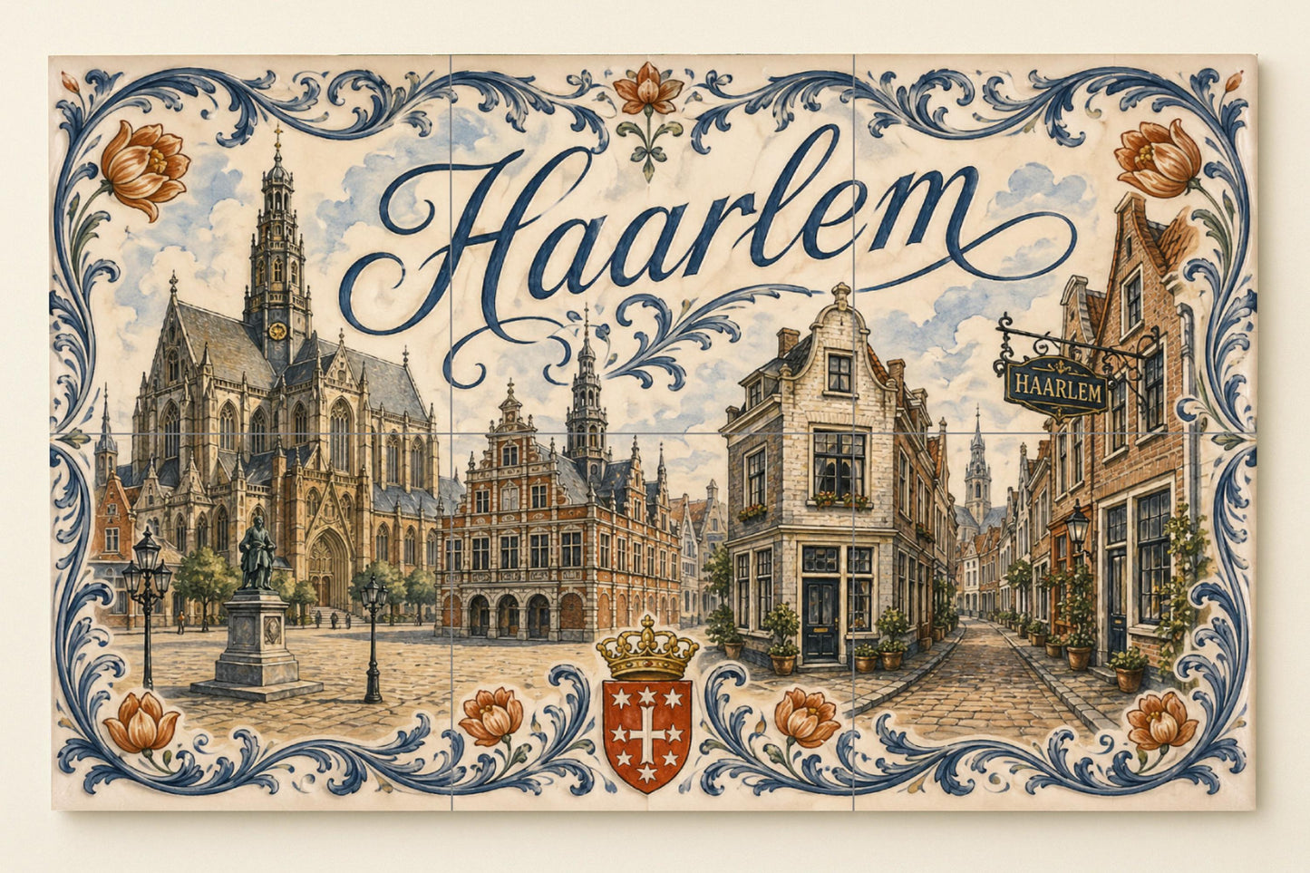 Mural de azulejos de cerámica de Haarlem, Países Bajos, arte mural de…