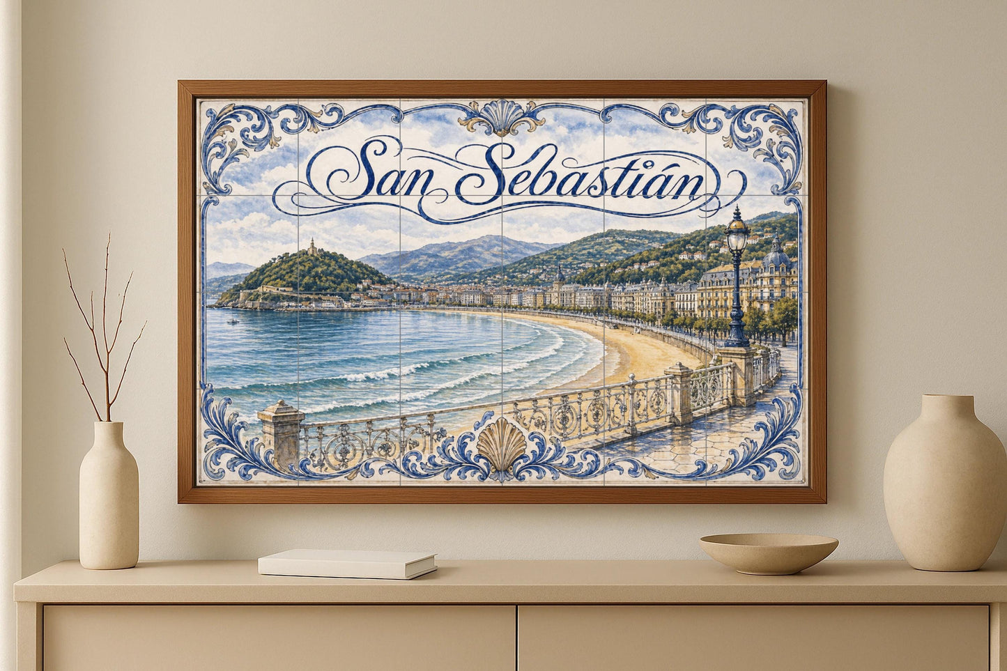 La Concha, San Sebastián, decoración de pare · Fresque Céramique — Paysage Urbain en Carreaux