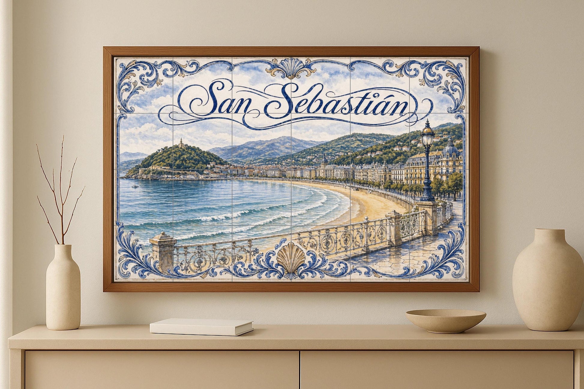 La Concha, San Sebastián, decoración de pare · Fresque Céramique — Paysage Urbain en Carreaux