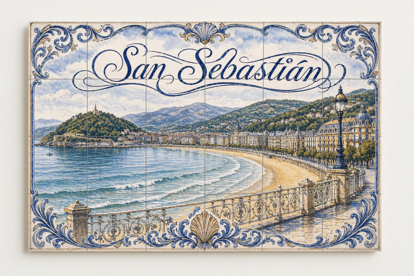 La Concha, San Sebastián, decoración de pare · Fresque Céramique — Paysage Urbain en Carreaux