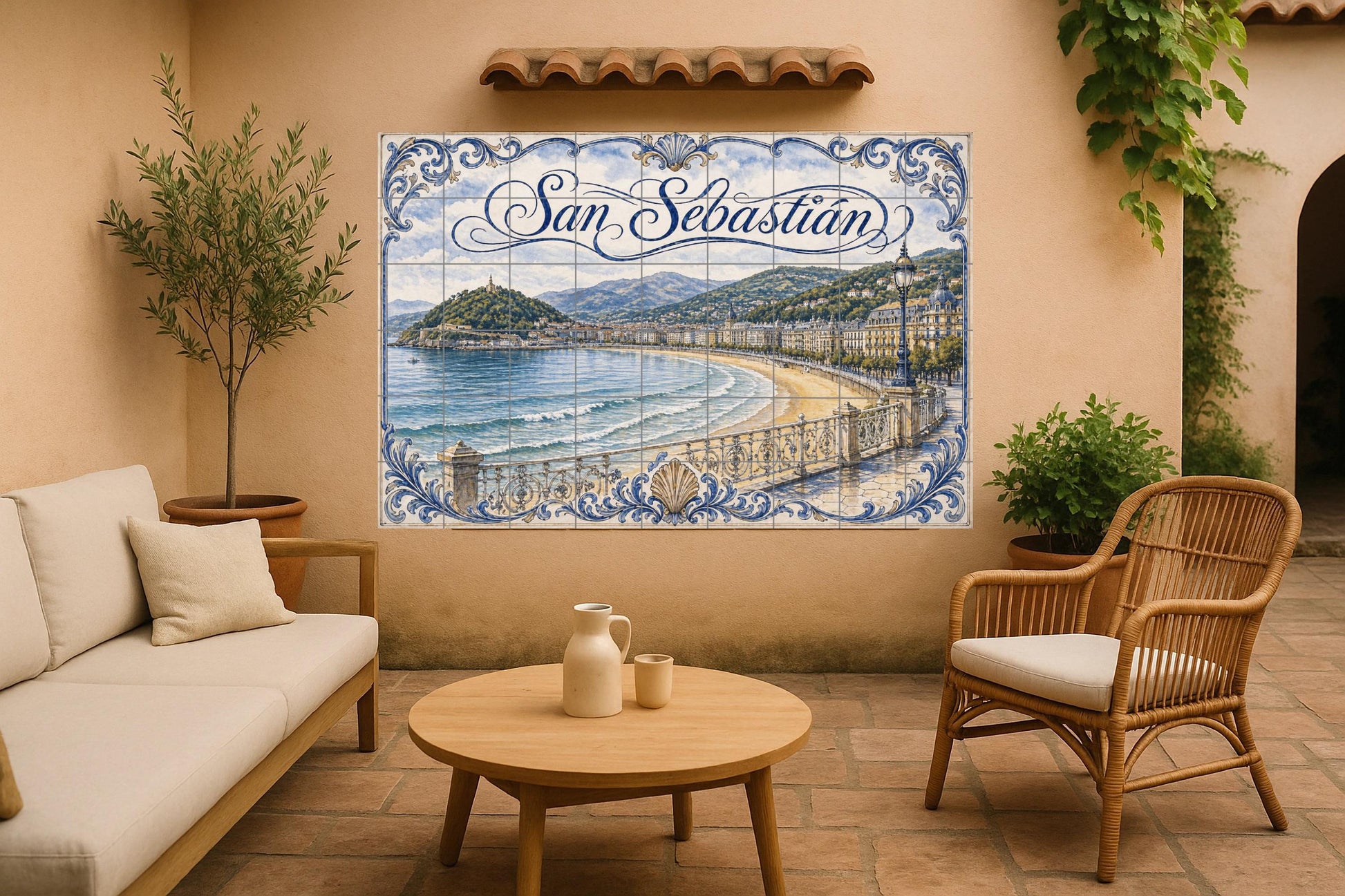 La Concha, San Sebastián, decoración de pare · Fresque Céramique — Paysage Urbain en Carreaux
