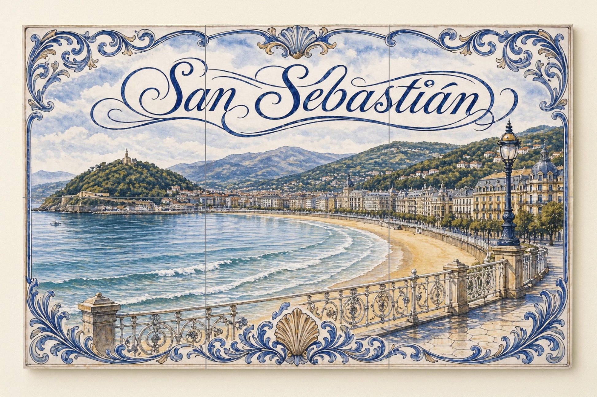 La Concha, San Sebastián, decoración de pare · Fresque Céramique — Paysage Urbain en Carreaux