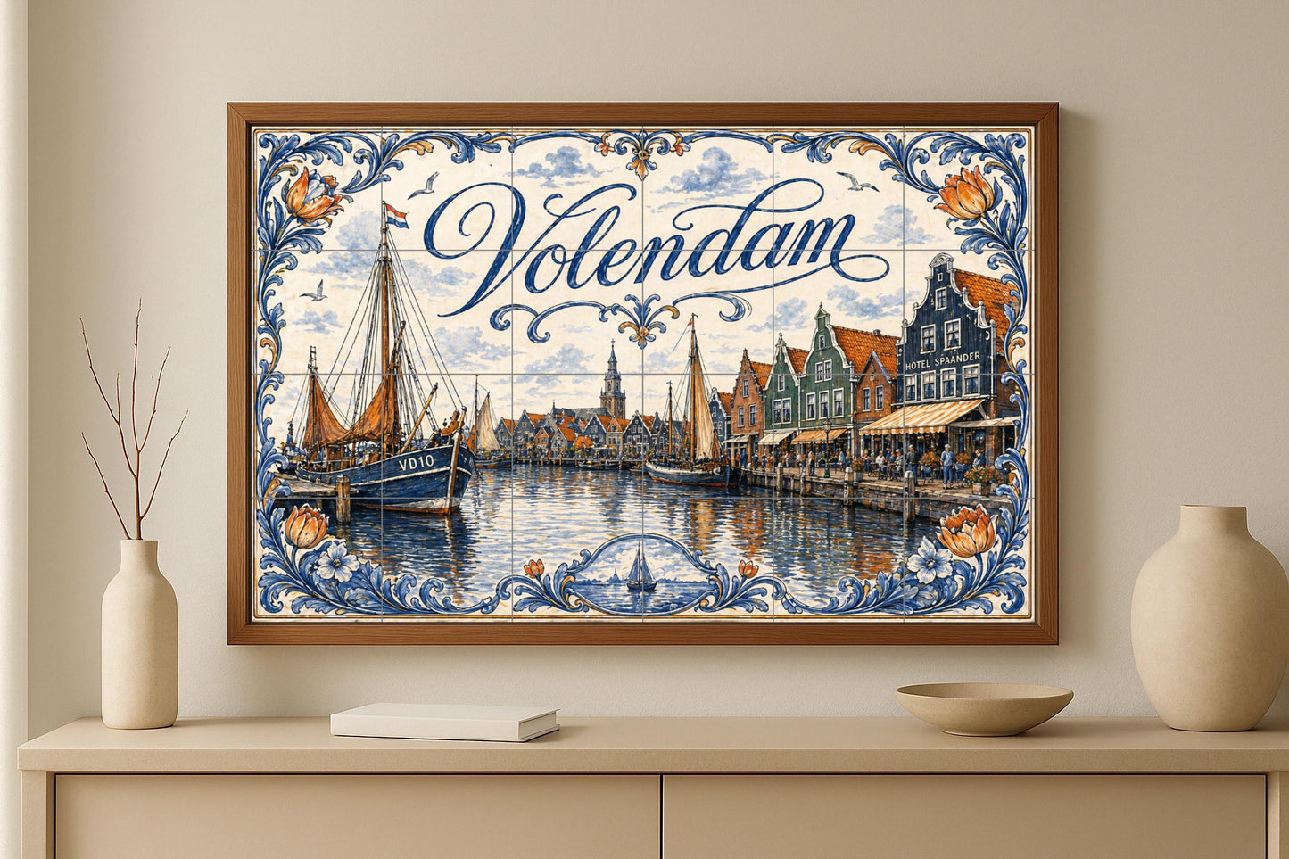 Mural de azulejos de cerámica del puerto de Volendam, Países Bajos…