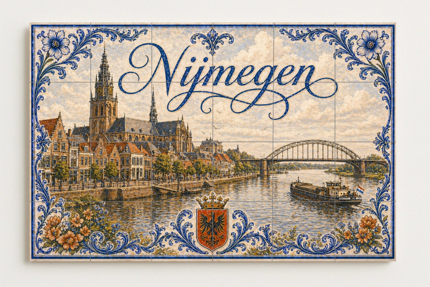 Des Fluss Waal in Nijmegen, Historisch Brücke hola — Botanische Landschaft, Wandkunst aus Keramikfliesen