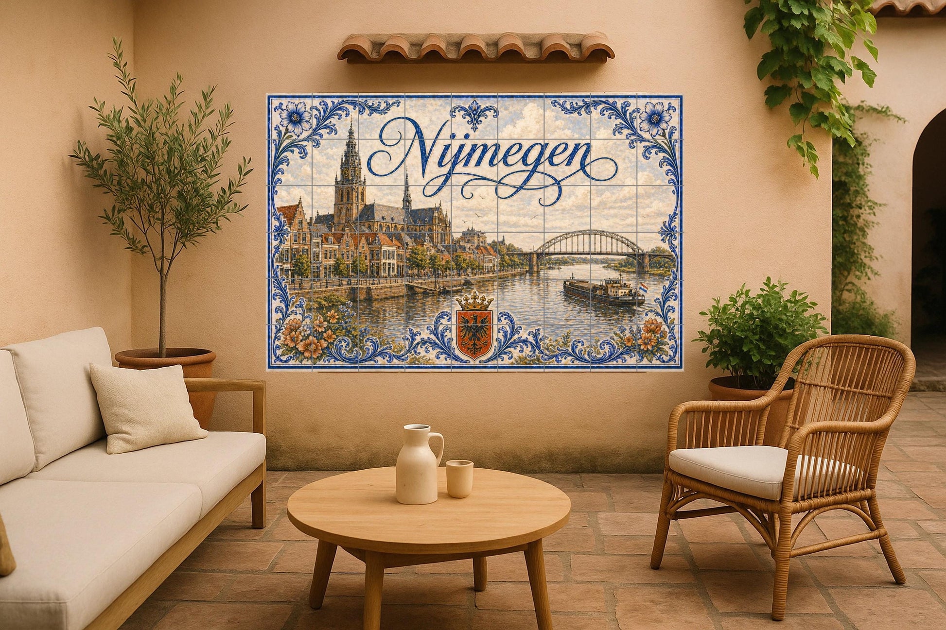 Des Fluss Waal in Nijmegen, Historisch Brücke hola — Botanische Landschaft, Wandkunst aus Keramikfliesen