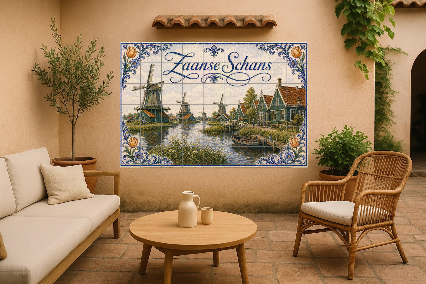 Mural de azulejos de cerámica de molinos de viento de Zaanse Schans…