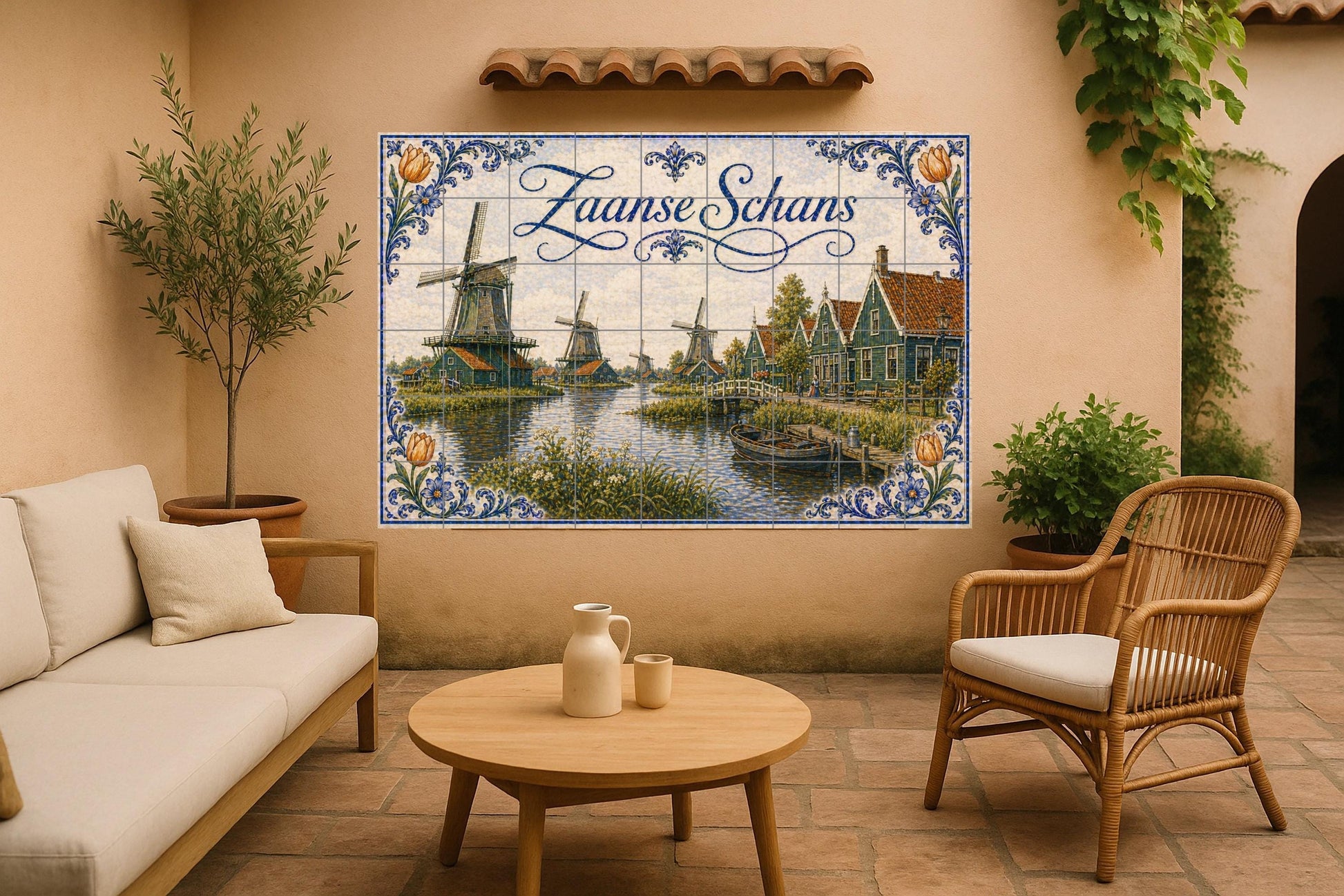Mural de azulejos de cerámica de molinos de viento de Zaanse Schans…