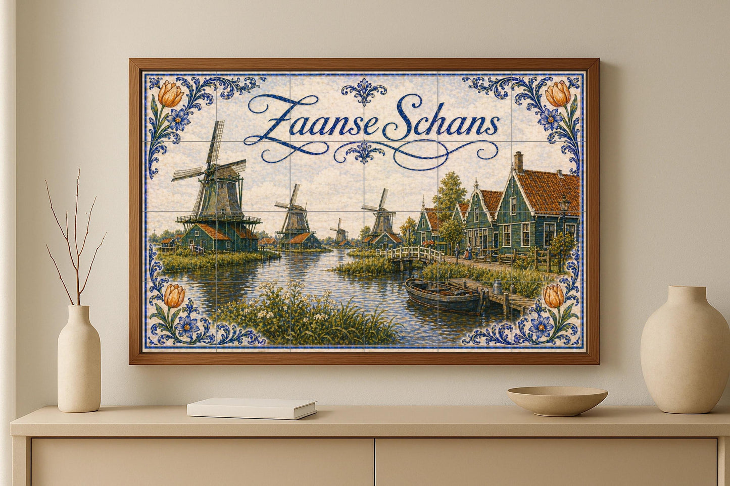 Mural de azulejos de cerámica de molinos de viento de Zaanse Schans…