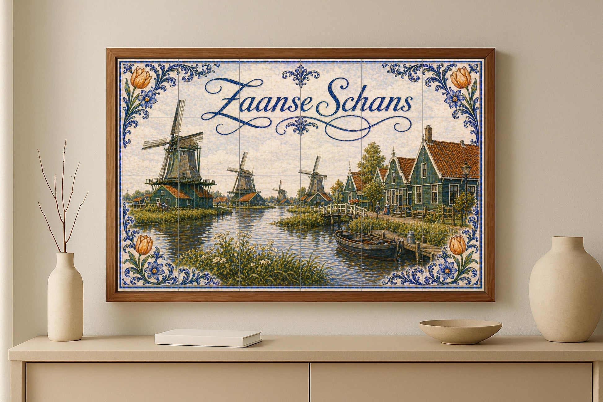 Mural de azulejos de cerámica de molinos de viento de Zaanse Schans…